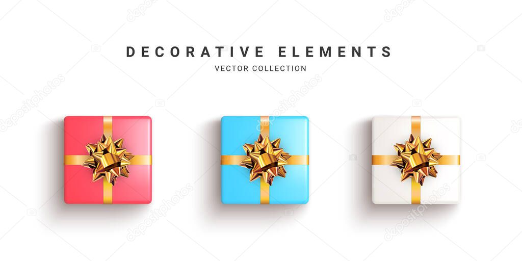 Collection of realistic gift boxes, decorative presents isolated on white background. Top view. Vector illustration.