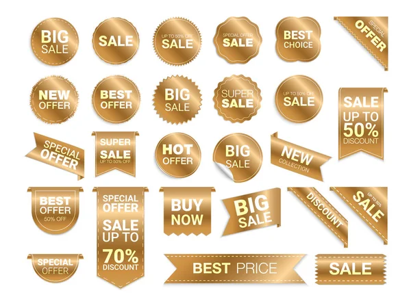 Vektor Guld Etiketter Isolerade Vit Bakgrund Försäljning Marknadsföring Webbplats Klistermärken — Stock vektor