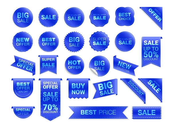 Etiquetas Azules Vectoriales Aisladas Sobre Fondo Blanco Promoción Venta Pegatinas — Vector de stock