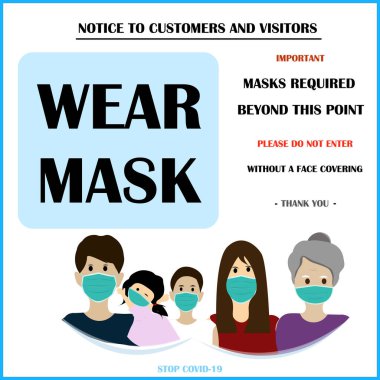 Cerrahi maske işareti ve sembol tak. Tıbbi maske. Covid-19 'un yayılmasını önlemek için yüz maskesi takmanın işareti. Lütfen yüzünüzü kapatmadan girmeyin..