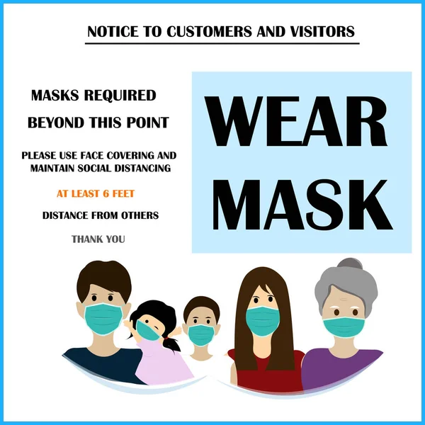 Wear face mask notice. Wear face mask sign and symbol vector. The sign for wearing mask beyond this point. Safety sign. Mask sign. Protective face. Masks. Face covering signs. Masks required for COVID