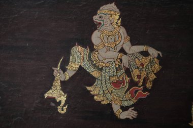 Bangkok, Tayland - 14 Mart 2021: Hanuman ve Ramayana Zümrüt Buddha Tapınağı 'nın duvar kağıdında resimler) .