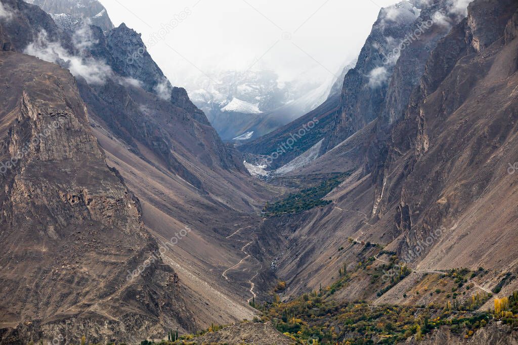 Road in dry canyon Karakorum mountains Hunza Valley