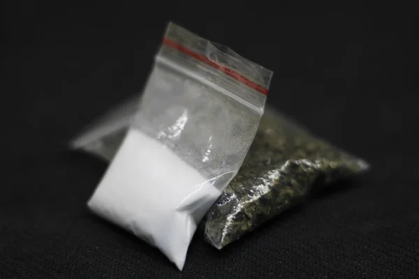 Sachet Full Powdered Cocaine Placed Top Sachet Full Marijuana Ganja — Stock Photo, Image