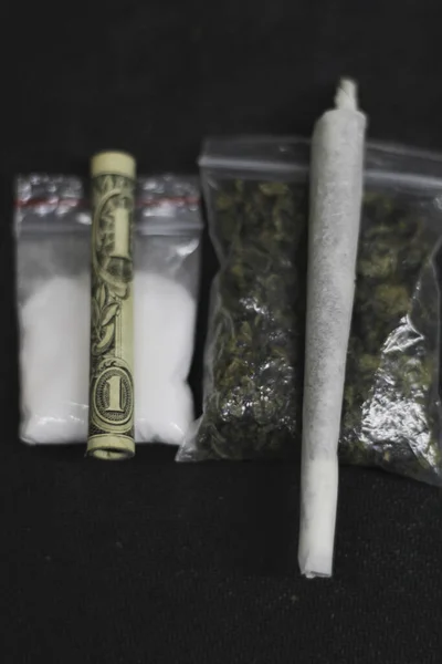 Overhead Photo Rolled Dollar Bill Resting Cocaine Bag Next Marijuana — Stock Photo, Image