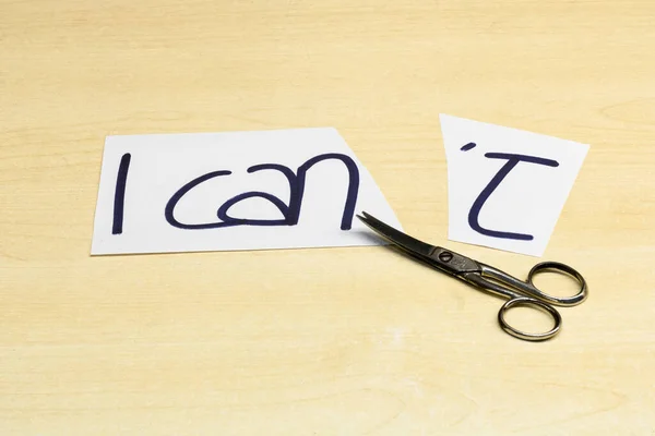 Sheet Paper Phrase Can Cut Scissors Transform Can Symbolizing Gesture — Φωτογραφία Αρχείου