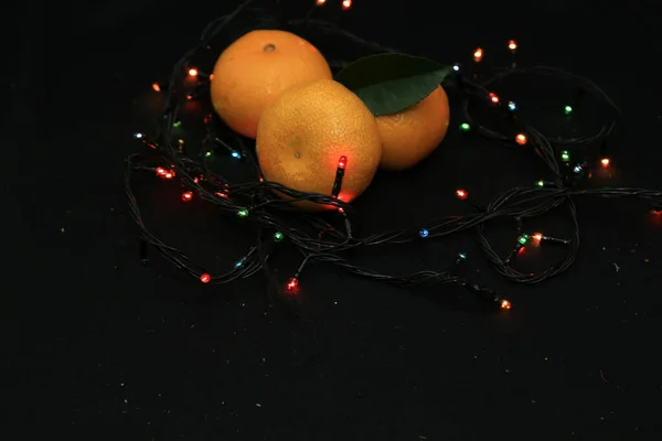 Tangerinas Fruta Fresca Sobre Fundo Preto — Fotografia de Stock