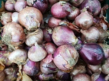 Bulanık kırmızı soğan resmi. Yemek arkaplanı. Tayland yemeğinin temel bileşenlerinden biri..