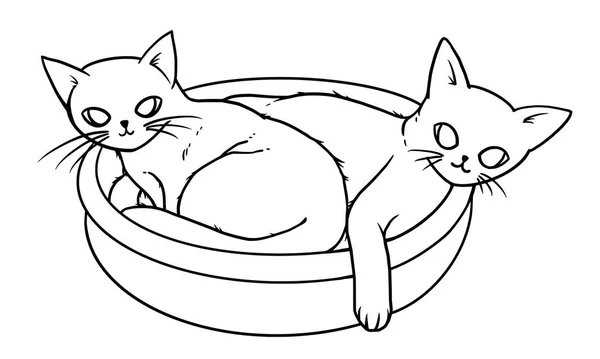 2匹の猫がバスケットに入った 線画だ 漫画風イラスト — ストックベクタ
