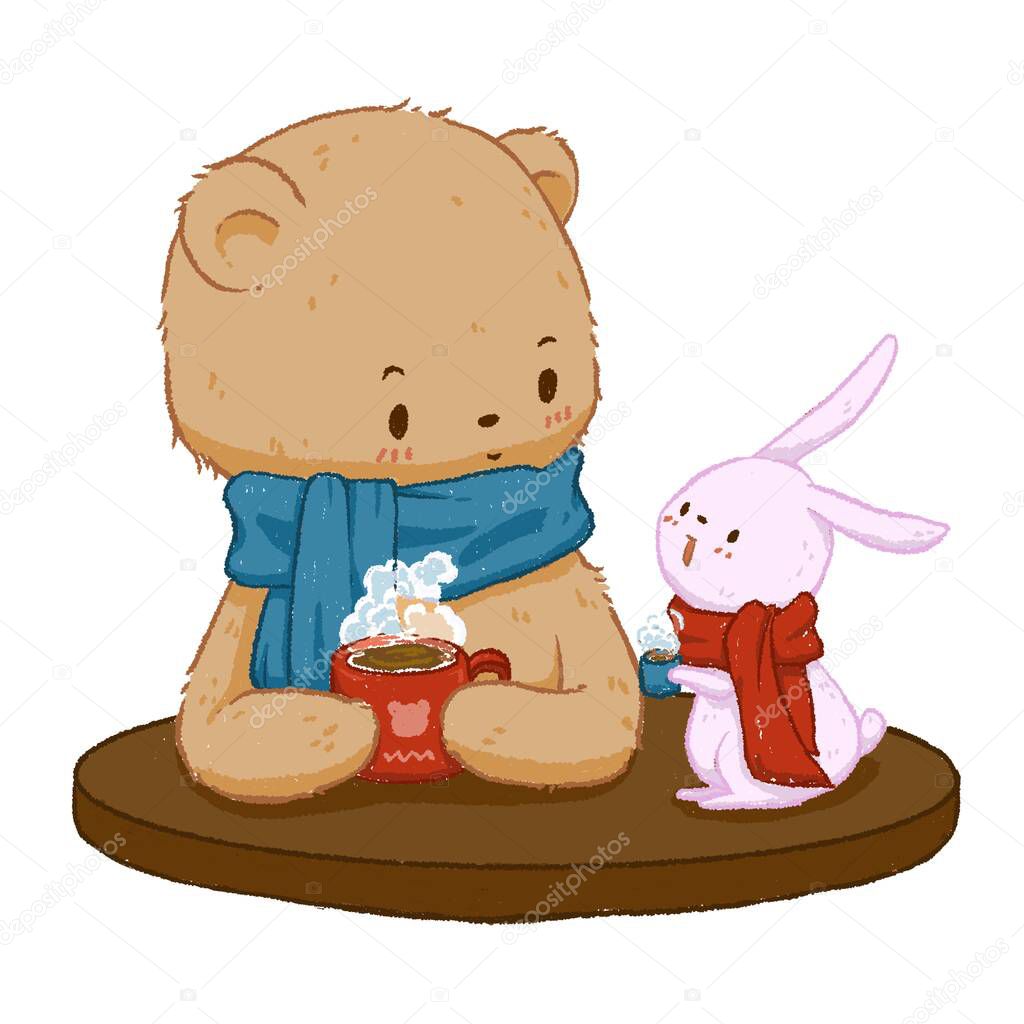 Brown bear tied blue scarf with pink rabbit tied red scarf sitting drinking hot chocolate. Illustration for children. Winter concept, love, and friendship.