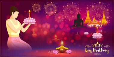 Kutlama festivali için vektör illüstrasyonu Tayland 'da Loy Krathong. 