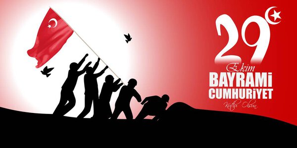 vector illustration of greeting banner for the Turkish Republic Day 29 October, people holding flag on a red background 