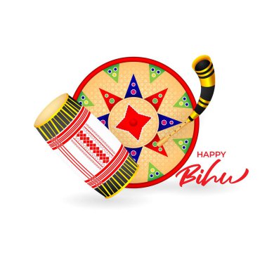 Selamlama festivali için vektör illüstrasyon pankartı Bihu, davullu şablon ve Assam boynuzları