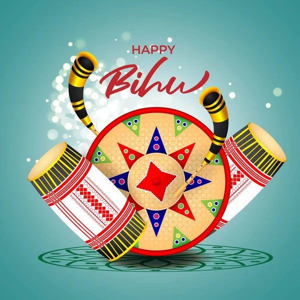 Selamlama festivali için vektör illüstrasyon pankartı Bihu, davullu şablon ve Assam boynuzları