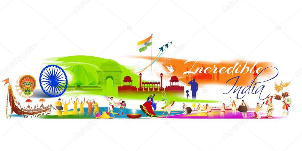 Vector illustration of color Indian sightseeings with people, Set of festivals in India, template with Indian colors flag with celebrations 