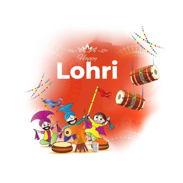 Lohri祭りのベクトルイラスト ドラムとたき火を持つ幸せな人々 レタリングと背景Happy Lohri — ストックベクタ