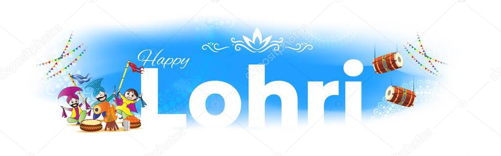 Vector illustration for Lohri festival, happy people with drums and bonfire, background with lettering Happy Lohri 