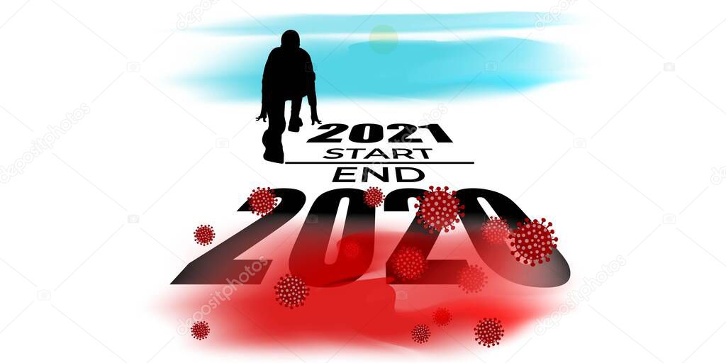 Vector illustration of 2021 start, end 2020 concept. Athlete runner stretching leg preparing for the new year, 2021 is written on road. Plans and goals of success path.