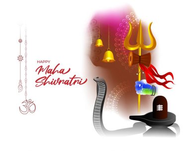 Maha Shivratri sancağının vektör illüstrasyonunda trishula, lingam, çanlar ve tanrı Shiva, Hindu festivali Shivratri posteri.
