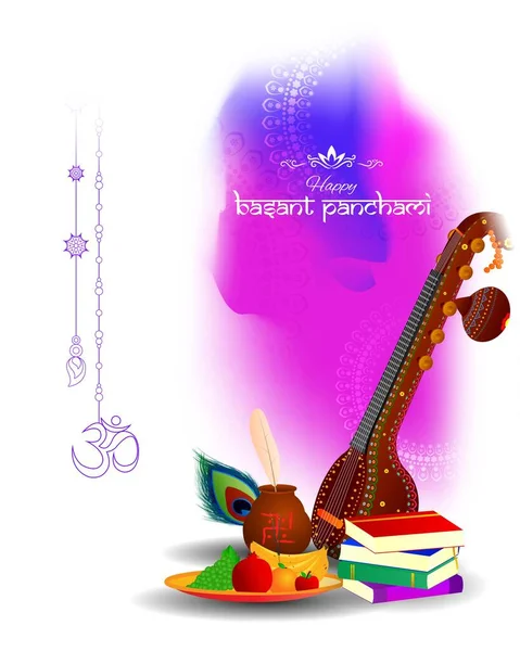 Vektorillustration Von Happy Basant Panchami Banner Indischem Festival Veena Büchern — Stockvektor