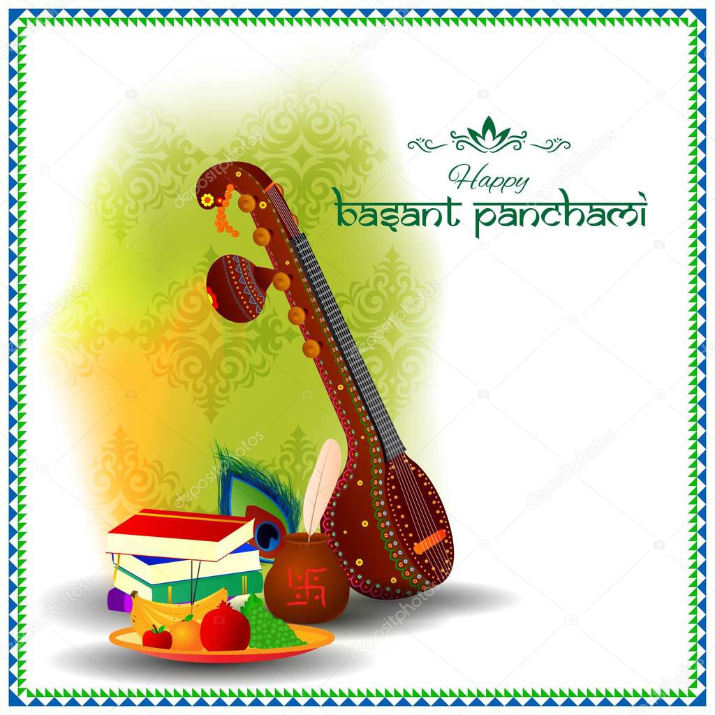 Vector illustration of Happy Basant Panchami banner, Indian festival, Veena, books and fruits, background template for website and social media.