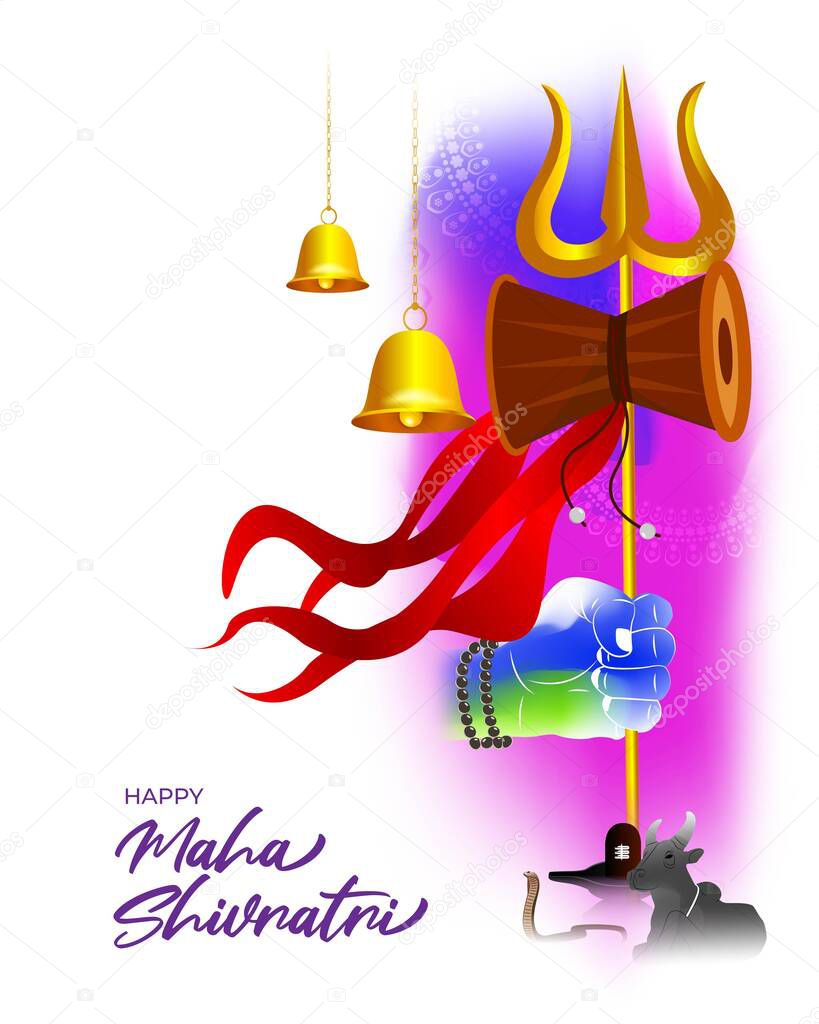 Vector illustration of Maha Shivratri banner with trishula, lingam, bells and God Shiva, Hindu festival Shivratri poster.