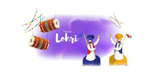 Векторная Иллюстрация Праздничного Баннера Happy Lohri Люди Танцуют Празднуют Барабаном — стоковый вектор