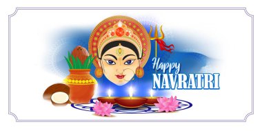 Durga puja 'nın vektör illüstrasyonu, Hint tanrıçası, güzel Durga yüzü, Hintçe yazılmış Durga Puja ki Hardik Shubkamnaye' in Navratri festivali illüstrasyonu Durga Puja 'ya içten selamlar anlamına gelir..