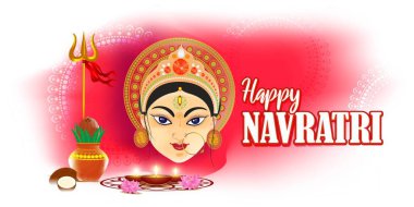 Durga puja 'nın vektör illüstrasyonu, Hint tanrıçası, güzel Durga yüzü, Hintçe yazılmış Durga Puja ki Hardik Shubkamnaye' in Navratri festivali illüstrasyonu Durga Puja 'ya içten selamlar anlamına gelir..