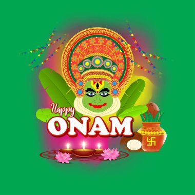 Güney Hindistan Festivali için vektör illüstrasyonu Kathakali yüzlü Onam.
