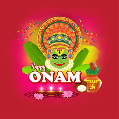 Güney Hindistan Festivali için vektör illüstrasyonu Kathakali yüzlü Onam.