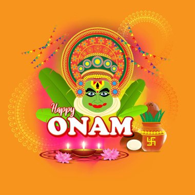 Güney Hindistan Festivali için vektör illüstrasyonu Kathakali yüzlü Onam.