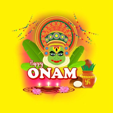 Güney Hindistan Festivali için vektör illüstrasyonu Kathakali yüzlü Onam.