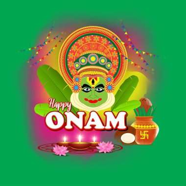 Güney Hindistan Festivali için vektör illüstrasyonu Kathakali yüzlü Onam.