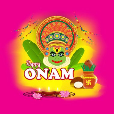 Güney Hindistan Festivali için vektör illüstrasyonu Kathakali yüzlü Onam.