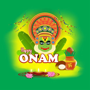 Güney Hindistan Festivali için vektör illüstrasyonu Kathakali yüzlü Onam.