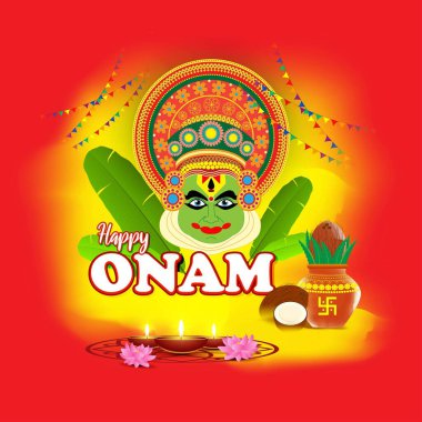 Güney Hindistan Festivali için vektör illüstrasyonu Kathakali yüzlü Onam.