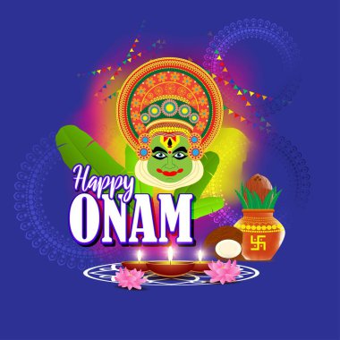 Güney Hindistan Festivali için vektör illüstrasyonu Kathakali yüzlü Onam.