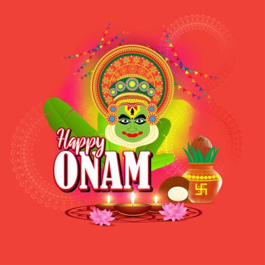 Güney Hindistan Festivali için vektör illüstrasyonu Kathakali yüzlü Onam.