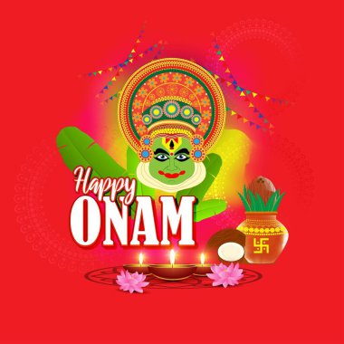 Güney Hindistan Festivali için vektör illüstrasyonu Kathakali yüzlü Onam.