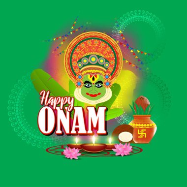 Güney Hindistan Festivali için vektör illüstrasyonu Kathakali yüzlü Onam.