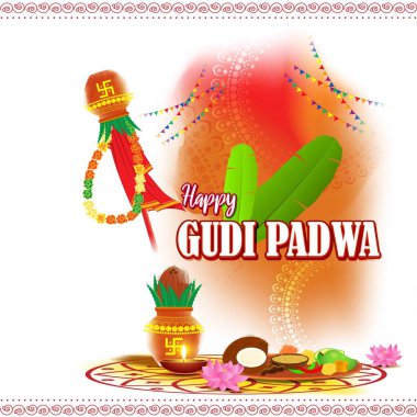 Vektör illüstrasyon konsepti Mutlu Ugadi selamlaması Kalasha ve geleneksel yemekle. Gudi Padwa olarak da bilinir. Güney Hindistan Yeni Yıl Günü.