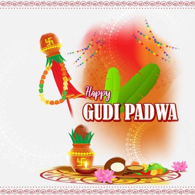 Vektör illüstrasyon konsepti Mutlu Ugadi selamlaması Kalasha ve geleneksel yemekle. Gudi Padwa olarak da bilinir. Güney Hindistan Yeni Yıl Günü.