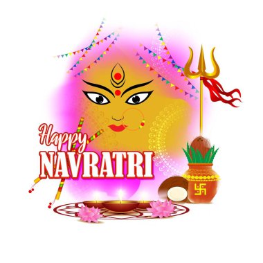 Durga puja 'nın vektör illüstrasyonu, Hint tanrıçası, güzel Durga yüzü, Hintçe yazılmış Durga Puja ki Hardik Shubkamnaye' in Navratri festivali illüstrasyonu Durga Puja 'ya içten selamlar anlamına gelir..