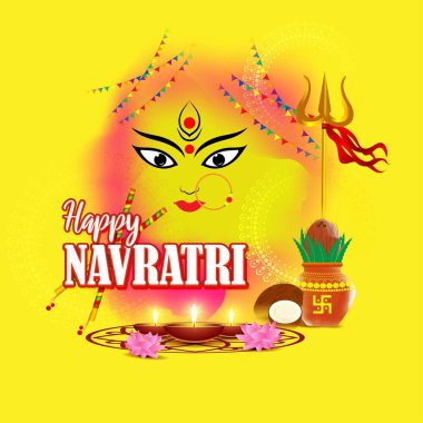 Durga puja 'nın vektör illüstrasyonu, Hint tanrıçası, güzel Durga yüzü, Hintçe yazılmış Durga Puja ki Hardik Shubkamnaye' in Navratri festivali illüstrasyonu Durga Puja 'ya içten selamlar anlamına gelir..