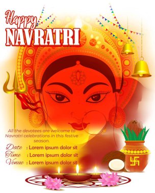 Durga puja 'nın vektör illüstrasyonu, Hint tanrıçası, güzel Durga yüzü, Hintçe yazılmış Durga Puja ki Hardik Shubkamnaye' in Navratri festivali illüstrasyonu Durga Puja 'ya içten selamlar anlamına gelir..