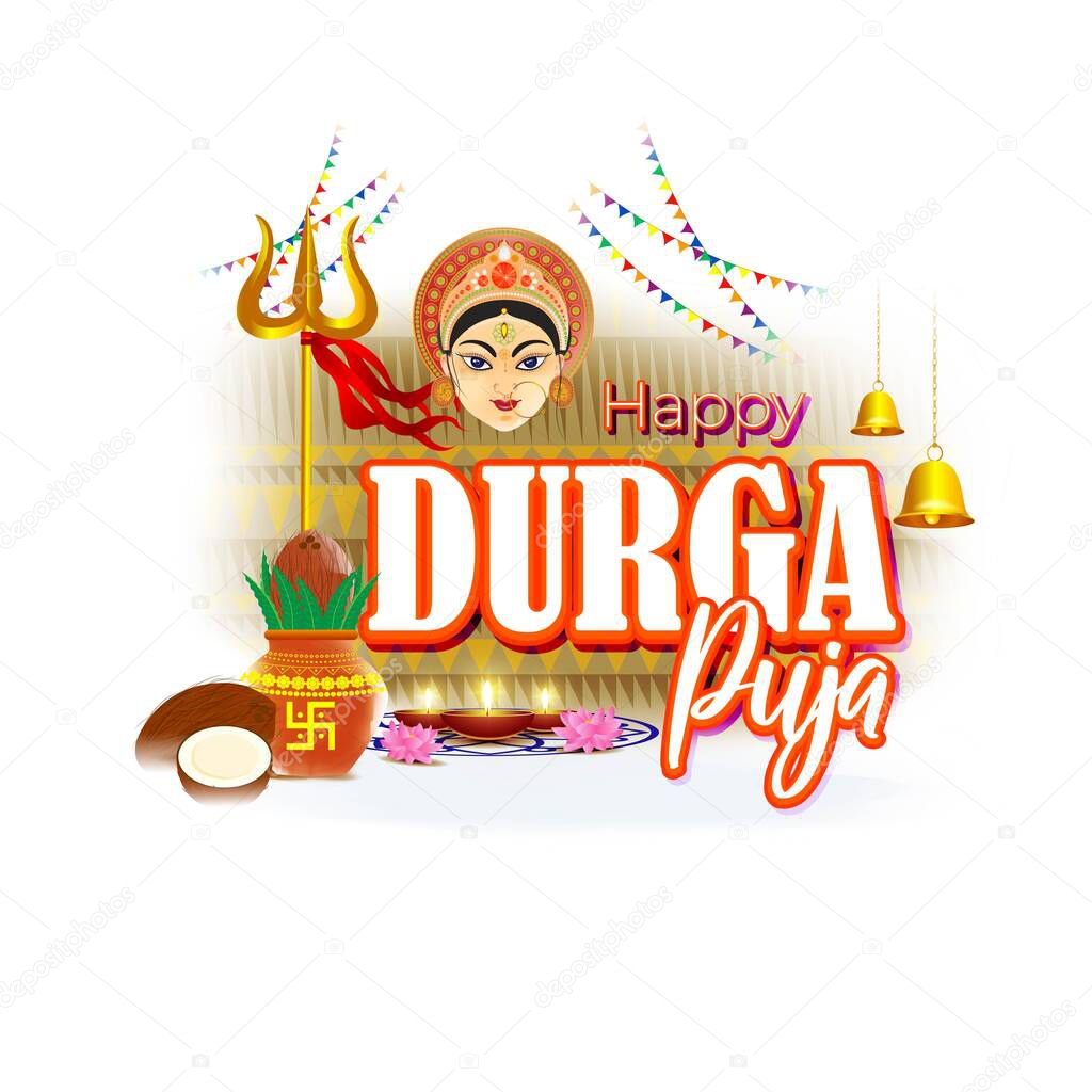 Vector illustration of Durga puja, Indian Goddess, beautiful Durga face, navratri festival illustration with hindi text Durga Puja ki Hardik Shubhkamnaye means Heartfelt Greetings to Durga Puja.