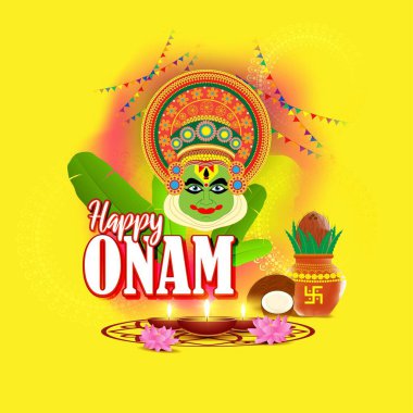 Güney Hindistan Festivali için vektör illüstrasyonu Kathakali yüzlü Onam.