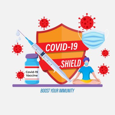 Virüs koruma kalkanının vektör çizimi, Corona virüsünden koruyan güvenlik kalkanı, covid-19, coronavirüs, düz vektör konsepti.