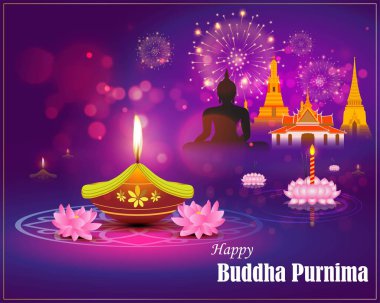 Hint Buddha Purnima Festivali metinli, resimli Buda 'nın oturduğunu ve meditasyona gömüldüğünü gösteriyor.